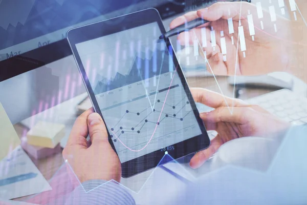 Double Exposure Man Hands Holding Using Phone Financial Chart Drawing — Stock Photo, Image