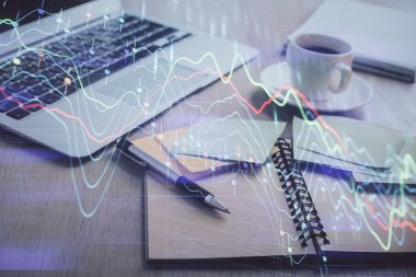 Önx grafik çizimi ve masaüstü ile kahve ve masa arkasındaki öğelerin çoklu pozlandırılması. Finansal piyasa ticareti kavramı