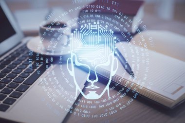 Masa arkasında kahve ve eşyalar olan iki kat beyin çizimi ve masaüstü görüntüsü. Araştırma kavramı.