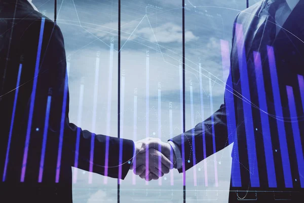双曝光的外汇图全息图和握手两名男子 股票市场概念 — 图库照片