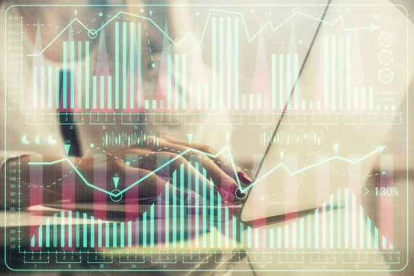 Multi Exposure Woman Hands Typing Computer Financial Graph Hologram Drawing — Stock Photo, Image