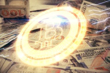 Şifreli temanın çoklu pozu bize dolar banknotları arkaplanı çiziyor. Engelleme zinciri başarısı kavramı.