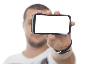 büyük boş perde smartphone ile adam