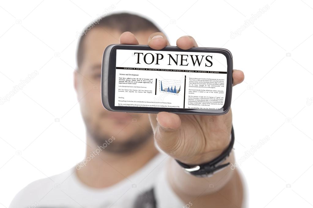 Man with Huge Screen Smartphone with news