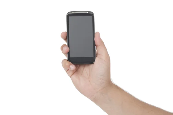 Segurando um telefone inteligente tela cinza — Fotografia de Stock