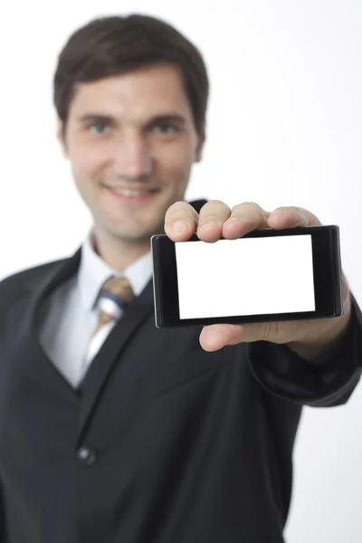 Man with Huge Blank Screen Smartphone — Stock Photo, Image