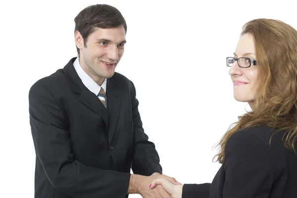 Empresário alegre e mulher de negócios concluindo um acordo — Fotografia de Stock