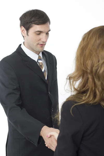 Vrolijke zakenman en zakenvrouw een transactie — Stockfoto