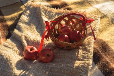 Dışarıdaki kare bir battaniyeye sarılı arka planda elmalı hasır sepet. Sonbahar anıları konsepti, alanı kopyala