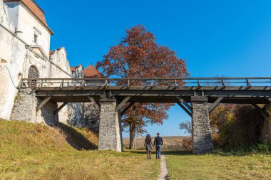 Genç çift el ele tutuşuyor, sonbaharda ya da yaz parkında gün batımında kalenin yakınlarında. Yürürken el ele tutuşan sevgi dolu bir çift. Seçici odak