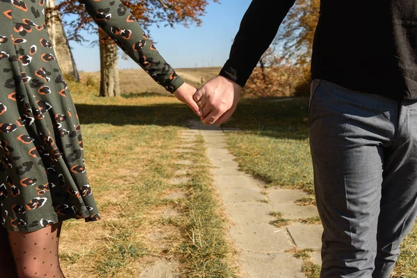 秋と夏の公園で手をつないでいる若い夫婦です 歩いている間 愛するカップルの手を握って閉じます 選択的焦点 — ストック写真