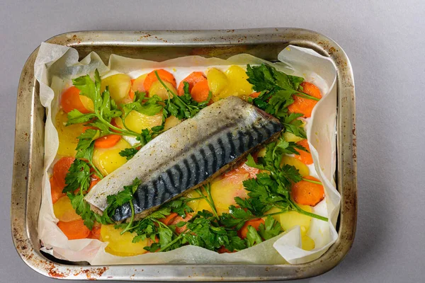 Fırında pişirmeden önce sebzeli, patatesli, havuçlu taze moraine uskumrusu, metal bir şekilde. Sebzeli balık. Gri arkaplan, üst manzara. Ev yemekleri..