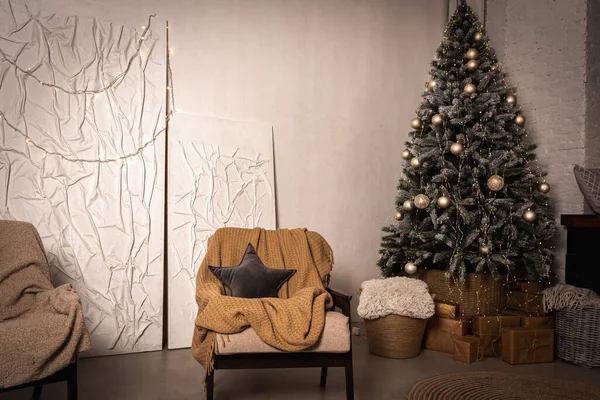 Bel Arbre Noël Canapé Dans Salon Moderne Design Intérieur Très — Photo