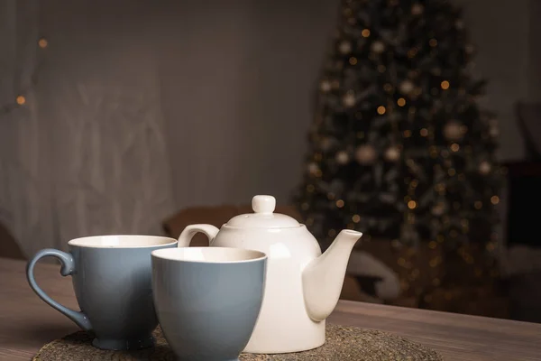 Ceramic White Teapot White Tea Cup Table Composition Tea Accessories — Photo