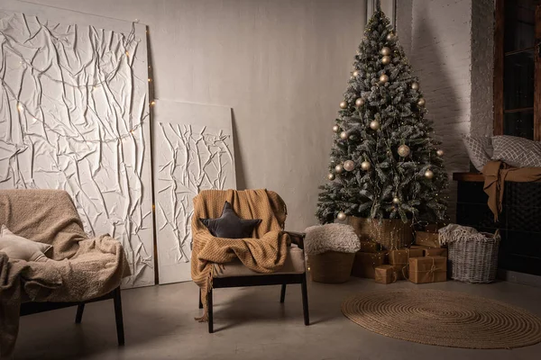 Bel Arbre Noël Canapé Dans Salon Moderne Design Intérieur Très — Photo