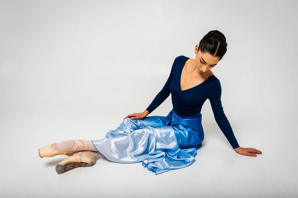 Young Pretty Beautiful Ballerina Long Blue Dress Sitting Floor Tired — стоковое фото