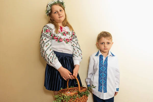 Crianças Menina Menino Roupas Ucranianas Bordadas — Fotografia de Stock