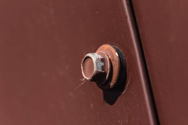 Çatı vidası kahverengi. Bükülmüş tahta vidası kahverengi bir çarşafa vidalanmış. Yakın görüş, inşaat malzemeleri, inşaat