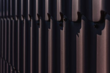 Çatı vidası kahverengi. Bükülmüş tahta vidası kahverengi bir çarşafa vidalanmış. Yakın görüş, inşaat malzemeleri, inşaat