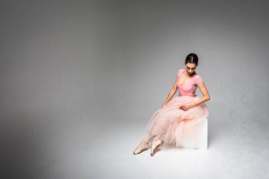Güzel balerin. Profesyonel kıyafetler, ayakkabılar ve tüllü pembe ağırlıksız bir etek giymiş genç, zarif bir balerin dans ve oturma becerilerini gösteriyor. Klasik balenin güzelliği