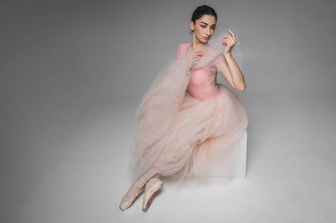 Bir balerinin yakın plan portresi. Genç, zarif bir balerin, profesyonel kıyafetler giymiş, duygusal, sade, seçici bir odak noktası var. Klasik balenin güzelliği