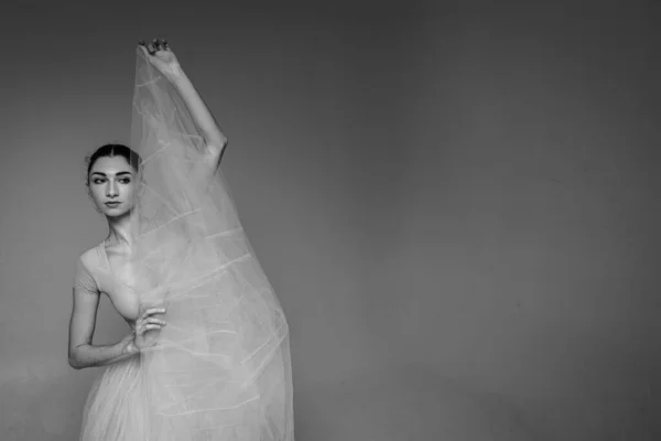 Black White Photo Close Portrait Ballerina Young Elegant Ballet Dancer — Stock Photo, Image