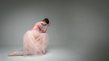 Genç, güzel, narin, güzel balerin. Uzun soluk pembe bir elbiseyle dans ediyor. Üniformalı bir arka planı var. Bale, dans, dansçı. Yazı için yer