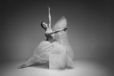 Siyah ve beyaz fotoğraf, genç, narin, güzel balerin beyaz bir meydanda oturuyor, ters dönmüş, uzun soluk pembe bir elbise içinde, arka planda tüllü, zapt edilmiş bir ses tonu var. Bale