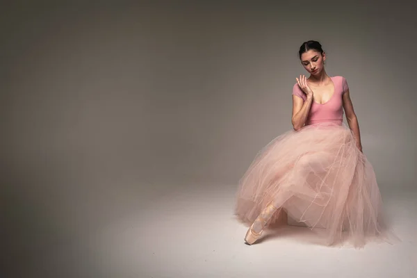 Young Pretty Fragile Beautiful Ballerina Dancing Long Pale Pink Dress — Stock Photo, Image