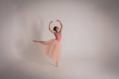 Genç, güzel, narin, güzel balerin. Uzun soluk pembe bir elbiseyle dans ediyor. Üniformalı bir arka planı var. Bale, dans, dansçı.