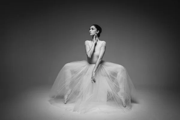 Classic Black White Portrait Young Pretty Fragile Beautiful Ballerina Dancing — Stock Photo, Image