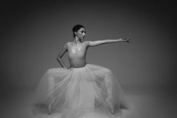 Portrait Classique Noir Blanc Jeune Jolie Fragile Belle Ballerine Dansant — Photo