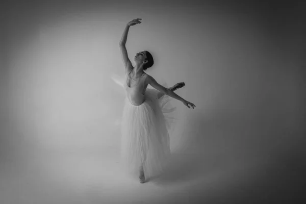 Foto Clássica Preto Branco Jovem Bonita Frágil Bela Bailarina Dançando — Fotografia de Stock