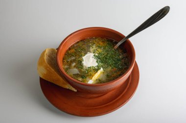 Lezzetli ev yapımı Kore yemeği, çorba. Erişteli baharatlı biftek çorbası..