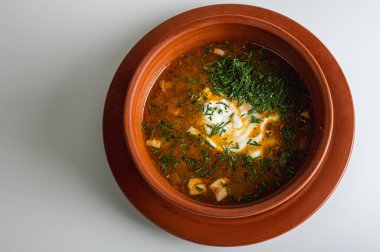 Lezzetli ev yapımı Kore yemeği, çorba. Erişteli baharatlı biftek çorbası..