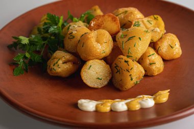 Kahverengi kil tabakta bir köylünün üzerinde kızarmış patates, ev, restoran mutfağı, beyaz arka planda izole edilmiş yemekler.