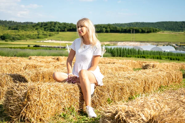 Young Fair Haired Girl Sitting Hay Freshly Cut Haystacks Straw — Fotografia de Stock