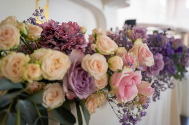 Banquet table. Tableware. Food, snacks, fruit, drinks, chairs, table, table decoration, flowers