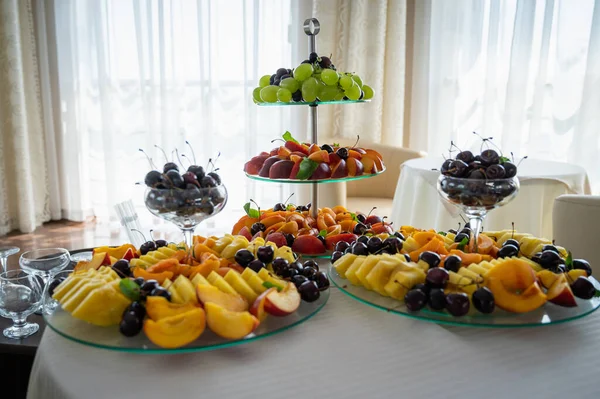 Banquet Table Tableware Food Snacks Fruits Drinks — Stock Photo, Image