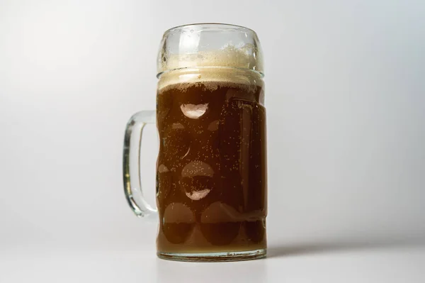 Glass Transparent Beer Mug Dark Beer Isolated Light Background — Stok fotoğraf