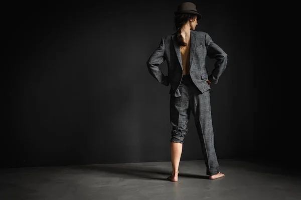 Full Length Portrait Sexy Young Girl Man Suit Hat Her — Stock Photo, Image