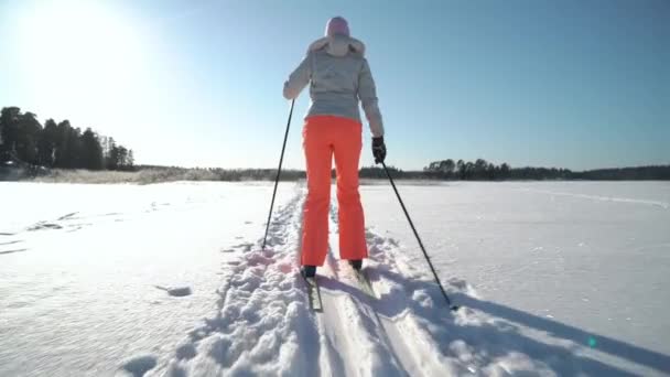 Kobieta jeżdżąca na nartach biegowych po zamarzniętej zatoce w Finlandii w mroźny słoneczny dzień — Wideo stockowe