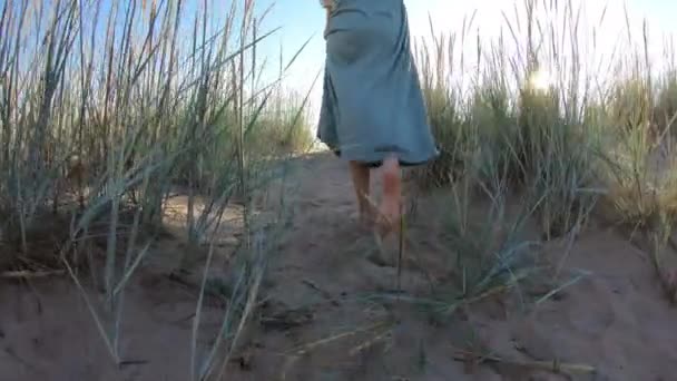 Close-up dari kaki ramping seorang wanita muda berjalan di sepanjang pantai — Stok Video