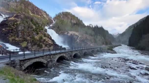 Latefossen Latefoss Waterfall Located Ullensvang Municipality Vestland County Norway 165 — Stock Video