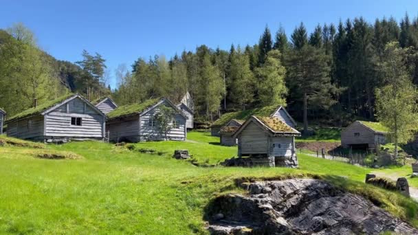 Sunnfjordin Ulkoilmamuseo Antikvaariorakennusten Keskittymä Aidossa Kulttuurimaisemassa Joka Kuljetettu Tänne Eri — kuvapankkivideo