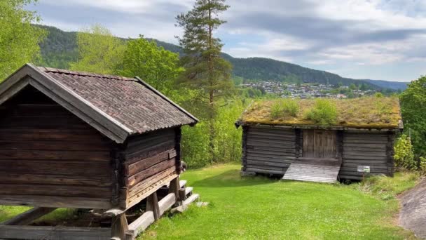 Old Farmhouse Heddal Stave Church Norway Heddal Bygdetun Open Door — Stock Video