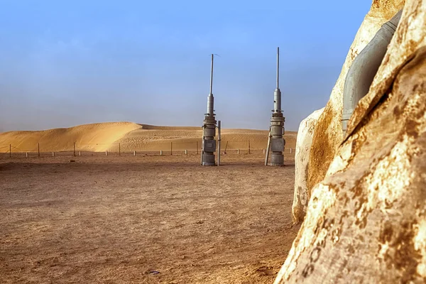 Scenario abbandonato del pianeta Tatooine per le riprese di Star Wars nel deserto del Sahara. — Foto Stock