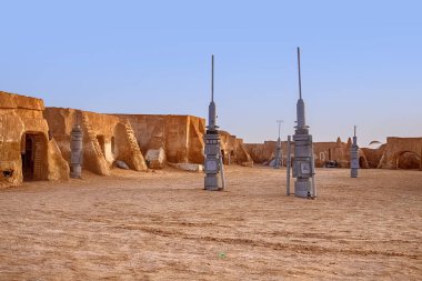 Sahra Çölü 'nde Yıldız Savaşları çekimleri için Tatooine gezegeninin terk edilmiş manzarası