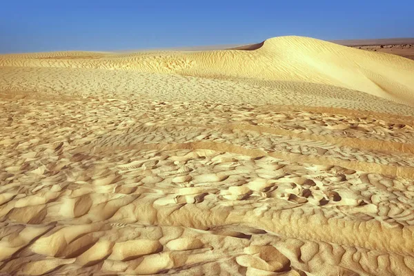 Dunas de areia solitárias em um vento forte sob o céu contra o fundo do deserto árido — Fotografia de Stock