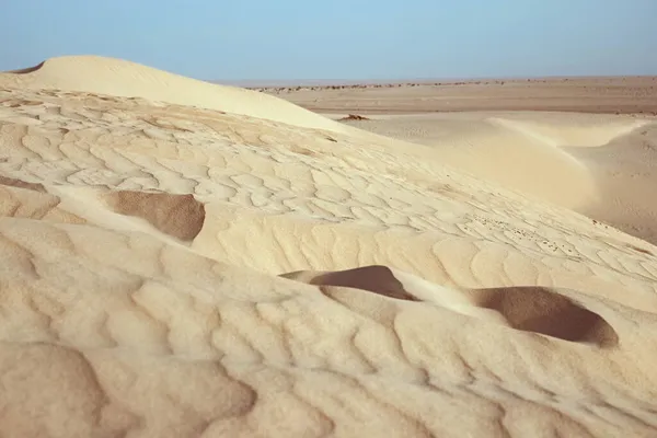 Dunas de areia solitárias em um vento forte sob o céu contra o fundo do deserto árido — Fotografia de Stock